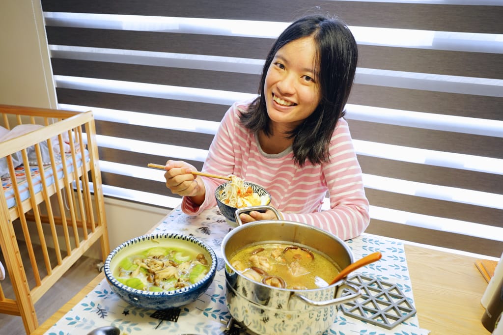 料理｜神隊友月子餐 山茶油香菇雞湯+絲瓜菇菇+干貝山茶油麵線 by百色壯麗山茶油